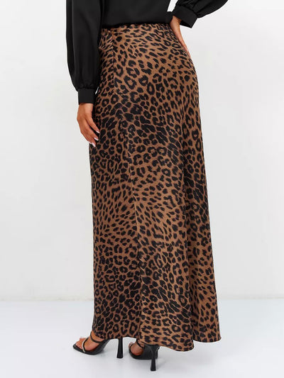 Satin Leopard Print High Waist Maxi Skirt