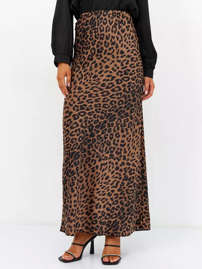 Satin Leopard Print High Waist Maxi Skirt