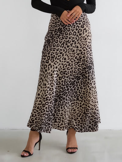 Satin Leopard Print High Waist Maxi Skirt