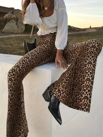 Leopard Print Bell Bottom High Waist Pants