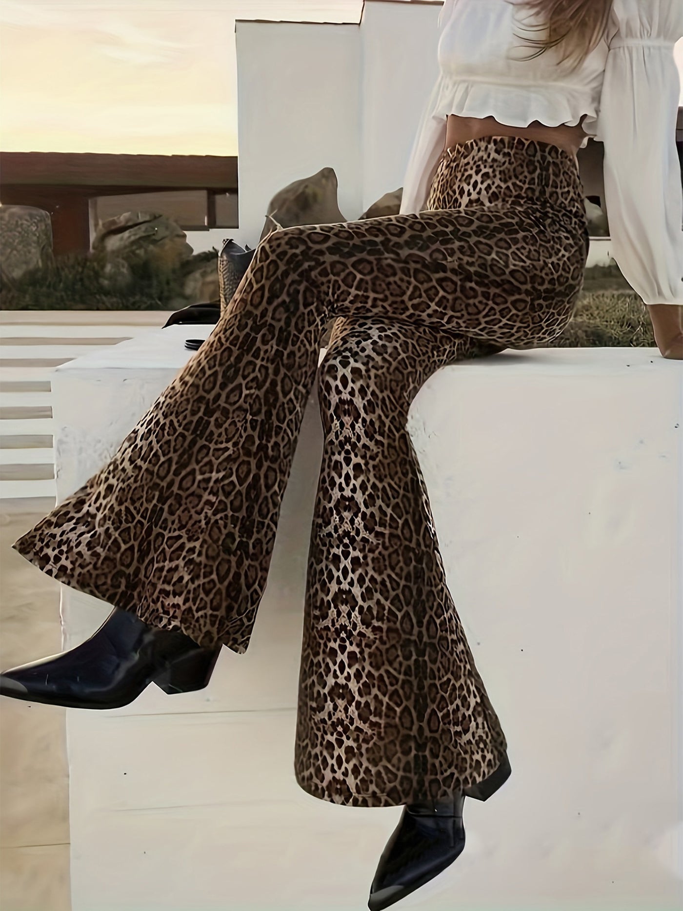 Allegra K Leopard Print Bell Bottom High Waist Pants