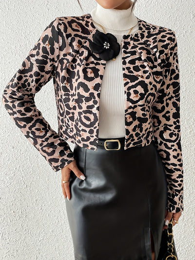 Leopard Crew Neck Long Sleeve Cropped Jacket