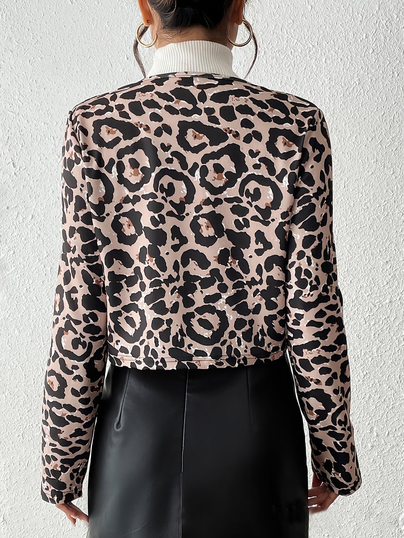 Allegra K Leopard Crew Neck Long Sleeve Cropped Jacket