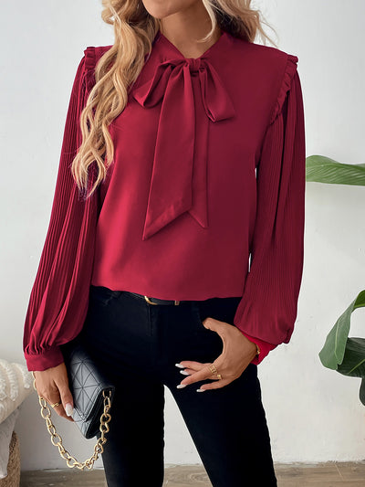 Women's Temperament Shirt Lantern Long Sleeve Bow Tie Collar Solid Color Shirt