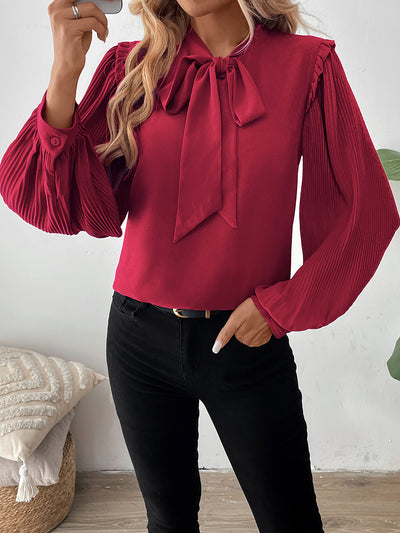 Women's Temperament Shirt Lantern Long Sleeve Bow Tie Collar Solid Color Shirt