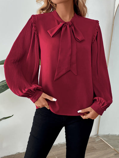 Women's Temperament Shirt Lantern Long Sleeve Bow Tie Collar Solid Color Shirt