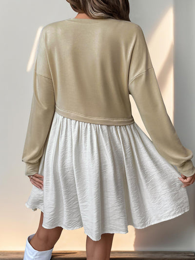 Women's Casual Round Neck Long Sleeve Color Matching Loose Dress