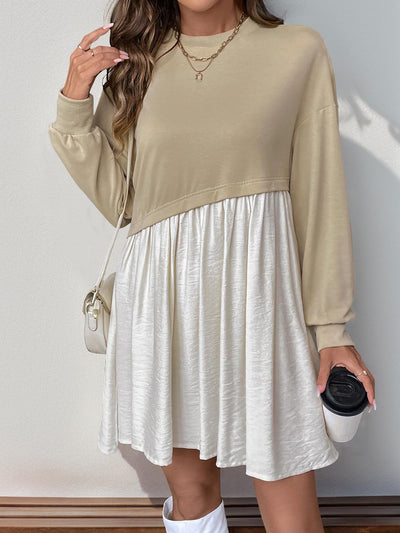 Women's Casual Round Neck Long Sleeve Color Matching Loose Dress