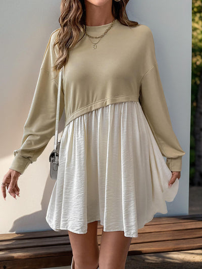 Women's Casual Round Neck Long Sleeve Color Matching Loose Dress