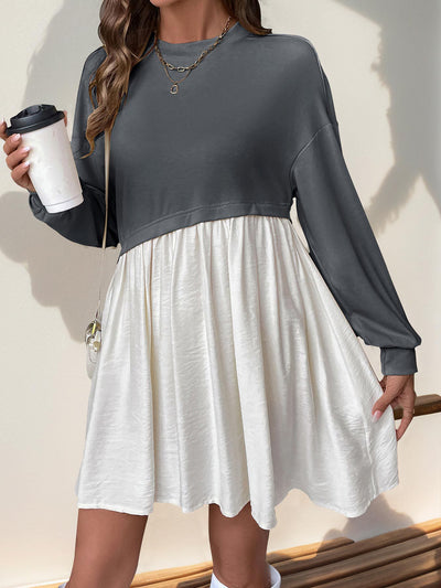 Women's Casual Round Neck Long Sleeve Color Matching Loose Dress