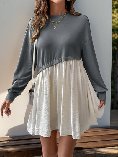 Women's Casual Round Neck Long Sleeve Color Matching Loose Dress