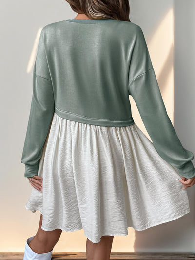 Women's Casual Round Neck Long Sleeve Color Matching Loose Dress