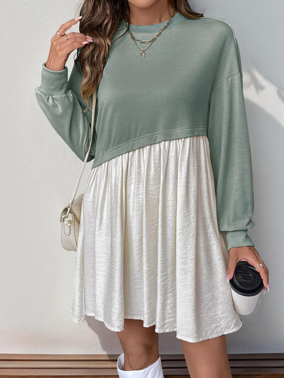 Women's Casual Round Neck Long Sleeve Color Matching Loose Dress