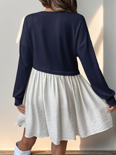 Women's Casual Round Neck Long Sleeve Color Matching Loose Dress