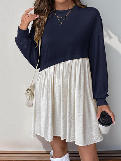 Women's Casual Round Neck Long Sleeve Color Matching Loose Dress