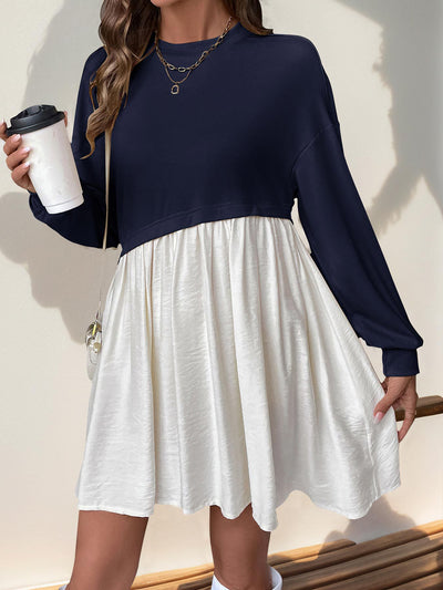 Women's Casual Round Neck Long Sleeve Color Matching Loose Dress