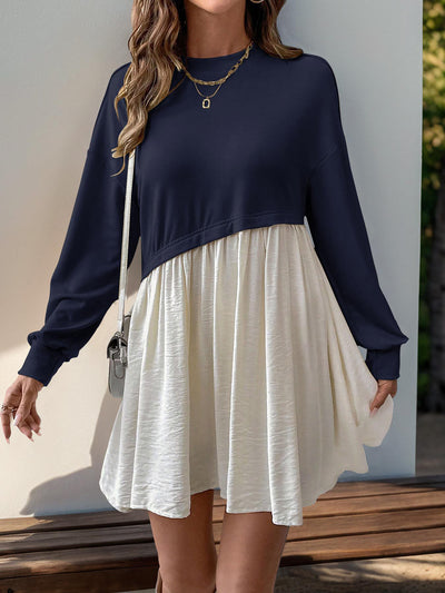 Women's Casual Round Neck Long Sleeve Color Matching Loose Dress