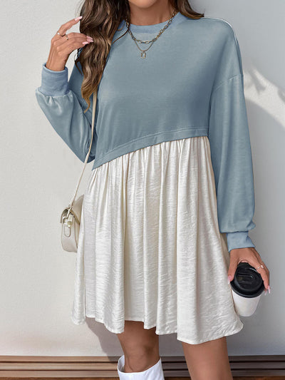 Women's Casual Round Neck Long Sleeve Color Matching Loose Dress