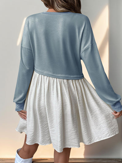 Women's Casual Round Neck Long Sleeve Color Matching Loose Dress