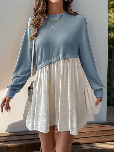 Women's Casual Round Neck Long Sleeve Color Matching Loose Dress