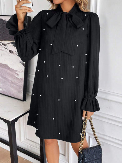 Women's Tie Beaded Long Sleeve Solid Color Dress