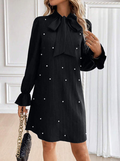 Women's Tie Beaded Long Sleeve Solid Color Dress