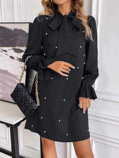 Women's Tie Beaded Long Sleeve Solid Color Dress