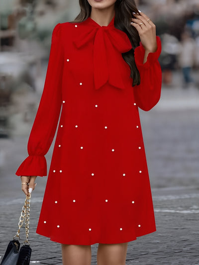 Women's Tie Beaded Long Sleeve Solid Color Dress