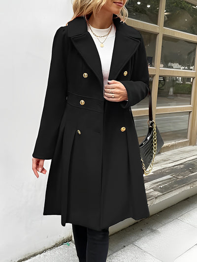 Lapel Double Breasted Pockets A-line Solid Color Slim Elegant Coat