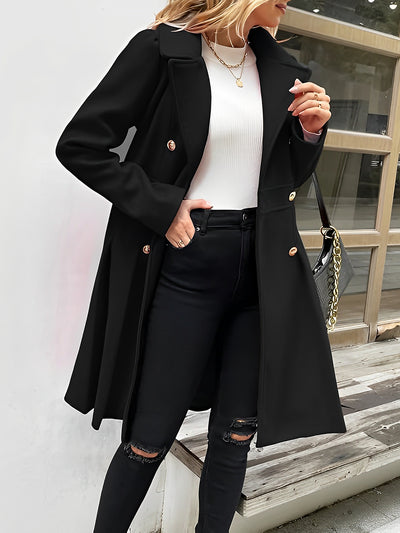 Lapel Double Breasted Pockets A-line Solid Color Slim Elegant Coat