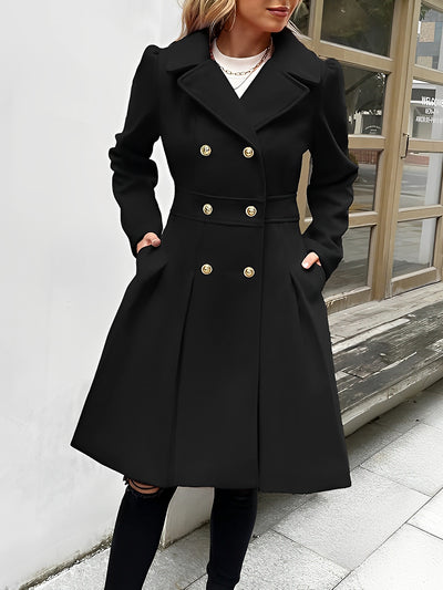 Lapel Double Breasted Pockets A-line Solid Color Slim Elegant Coat