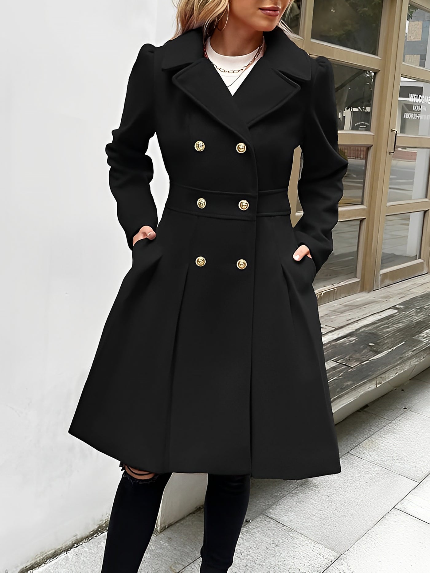 Allegra K Lapel Double Breasted Pockets A-line Solid Color Slim Elegant Coat