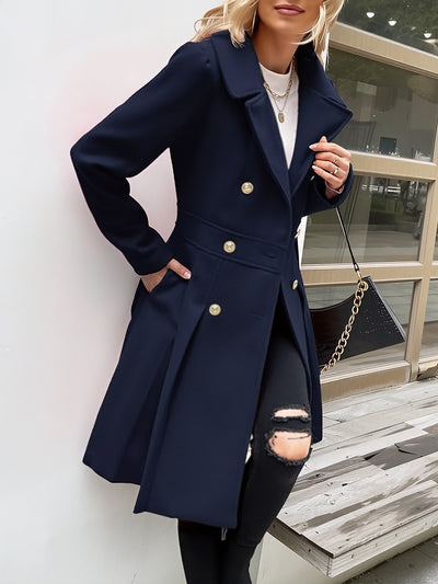 Lapel Double Breasted Pockets A-line Solid Color Slim Elegant Coat