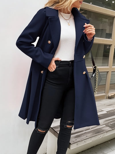 Lapel Double Breasted Pockets A-line Solid Color Slim Elegant Coat