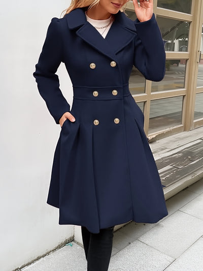 Lapel Double Breasted Pockets A-line Solid Color Slim Elegant Coat