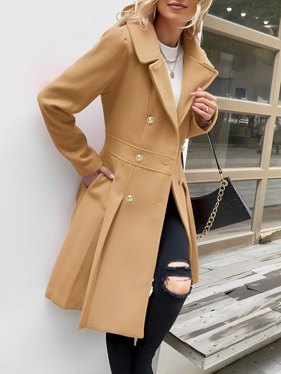 Lapel Double Breasted Pockets A-line Solid Color Slim Elegant Coat