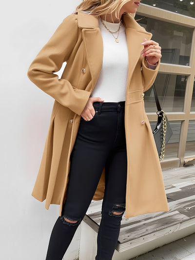 Lapel Double Breasted Pockets A-line Solid Color Slim Elegant Coat