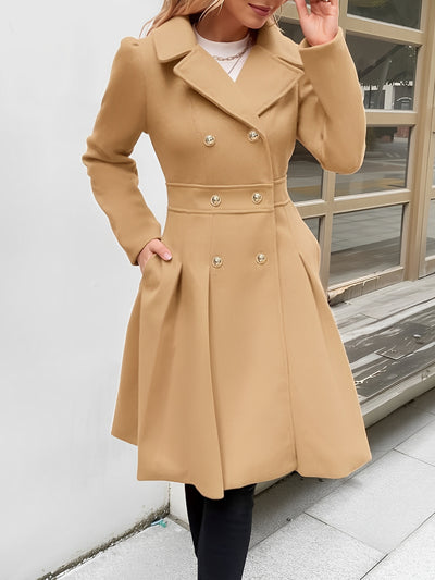 Lapel Double Breasted Pockets A-line Solid Color Slim Elegant Coat