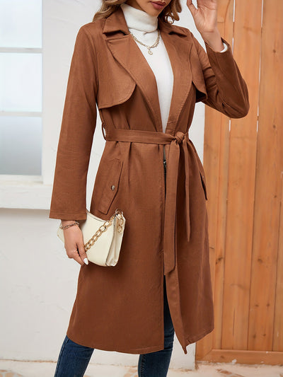 Allegra K Solid Color Long Sleeves Belted Mid-length Jacket