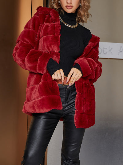 Long-sleeved Mid-length Red Women's Fake Fur Stylish Elegant Fur Coat