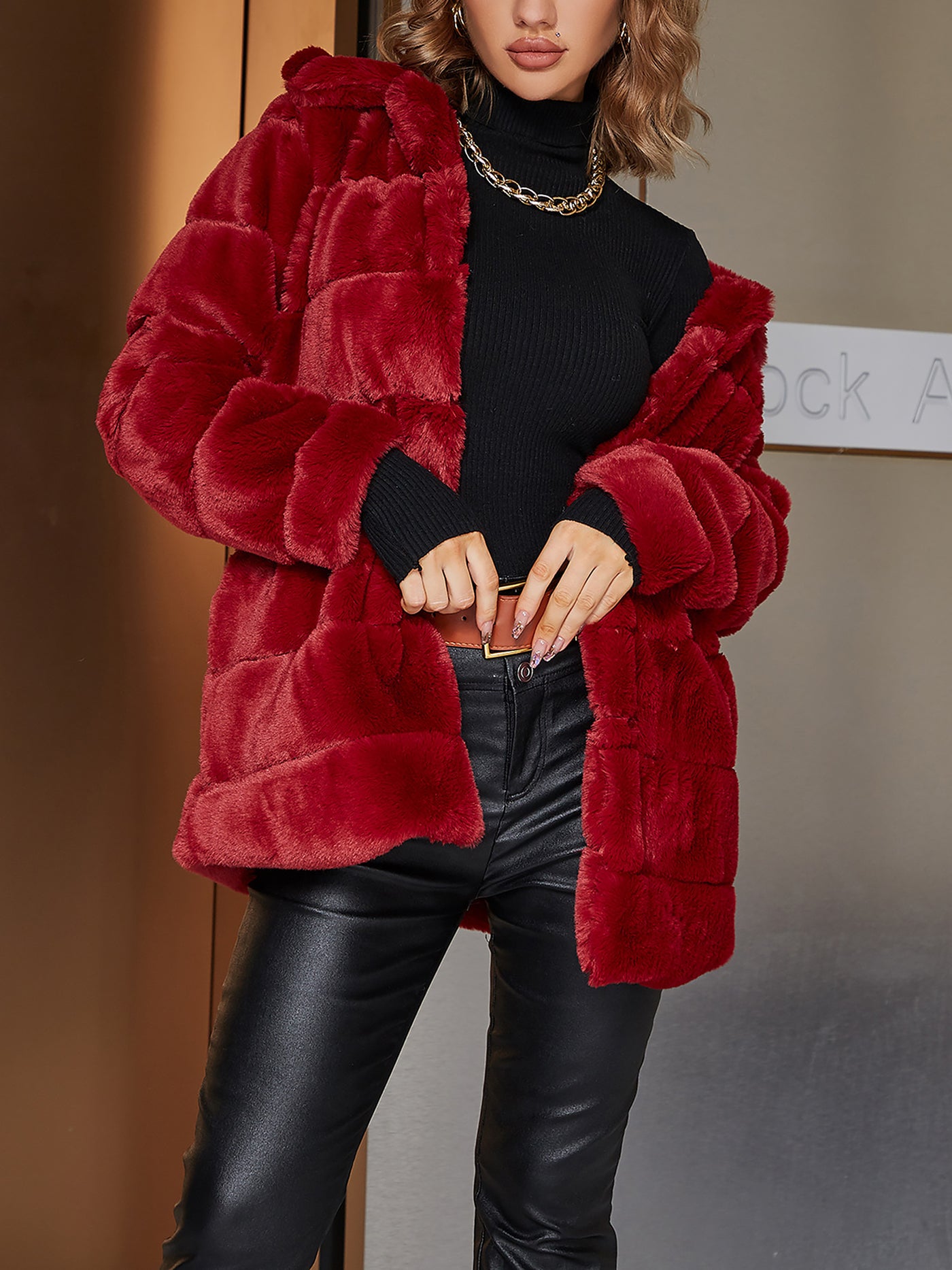 Allegra K Long-sleeved Mid-length Red Women's Fake Fur Stylish Elegant Fur Coat