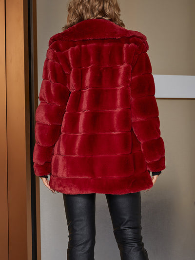 Long-sleeved Mid-length Red Women's Fake Fur Stylish Elegant Fur Coat