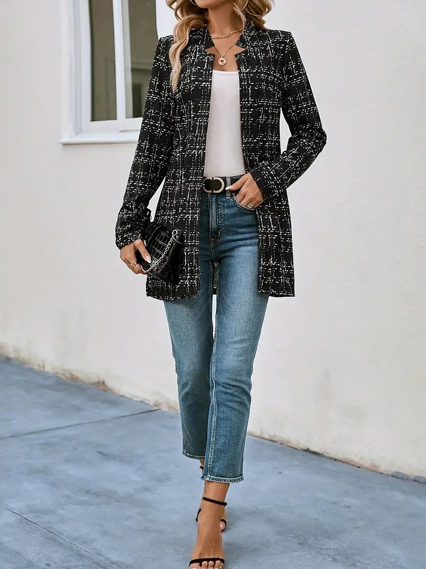 Allegra K Elegant Long-sleeved Women's Plaid Slim Fit Jacket