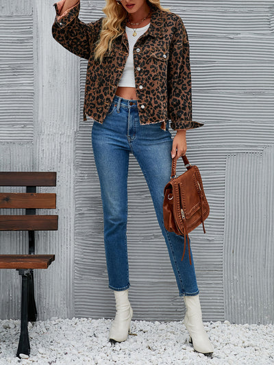 Women's Leopard Print Fashionable Casual Denim Short Jacket