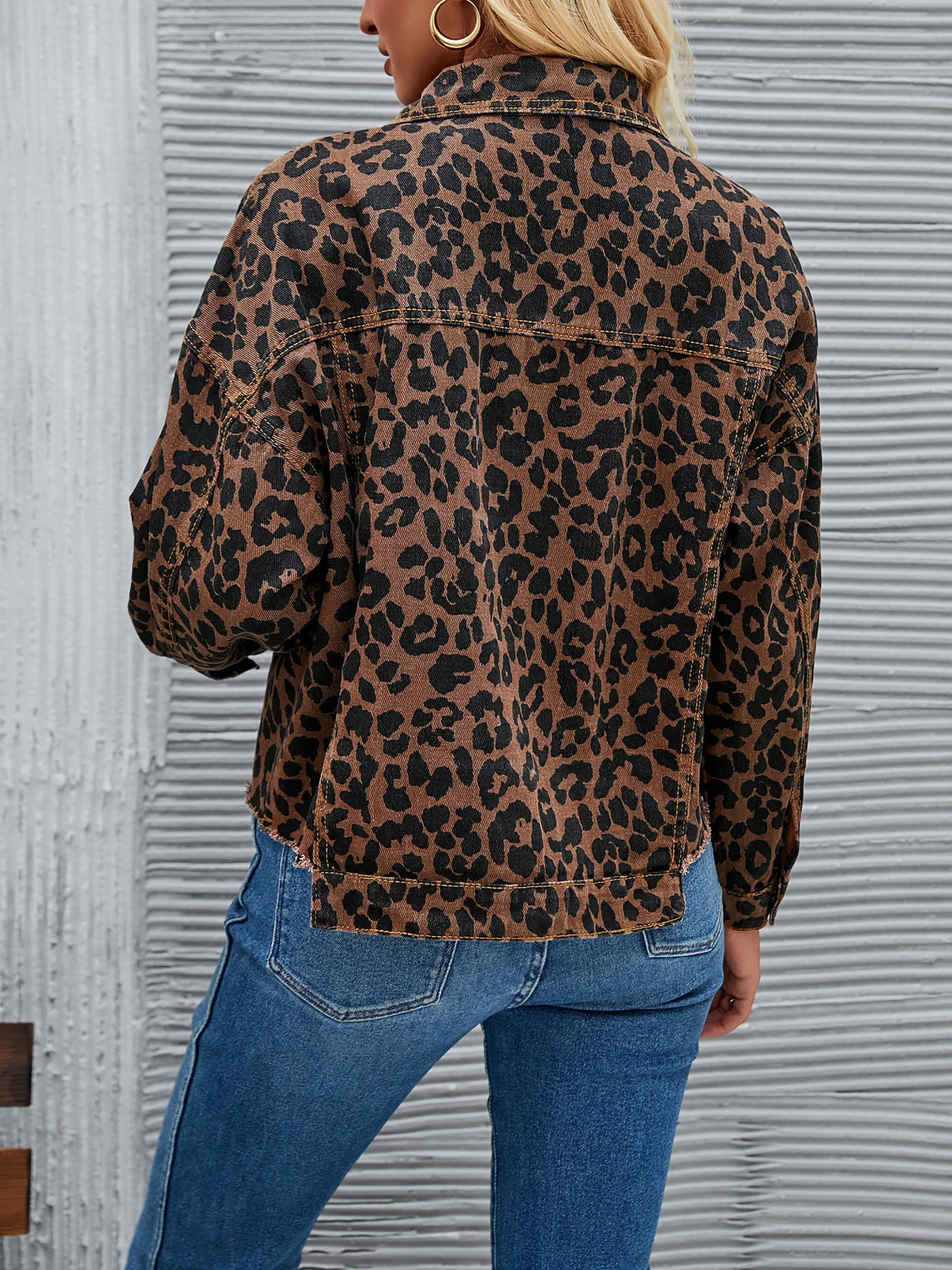 Allegra K Women's Leopard Print Fashionable Casual Denim Short Jacket