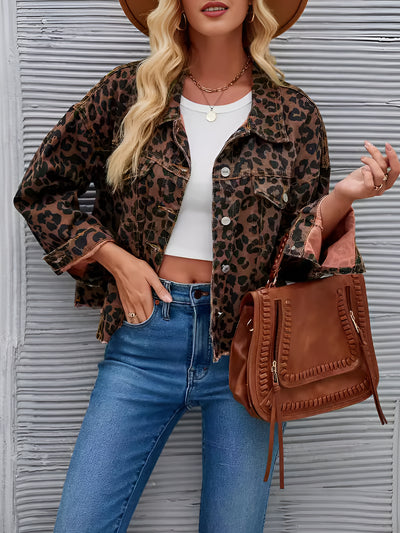 Women's Leopard Print Fashionable Casual Denim Short Jacket