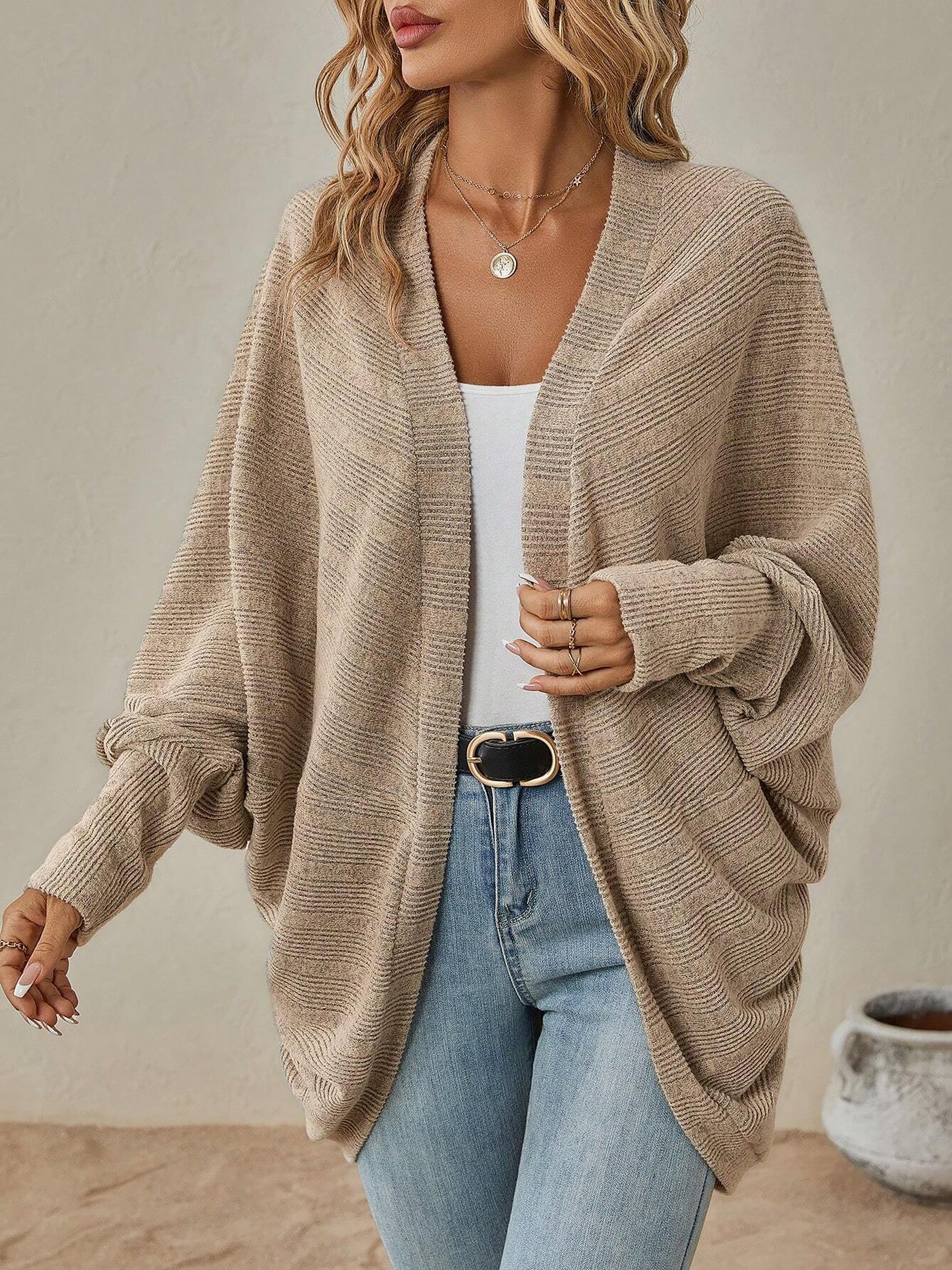 Allegra K Bat Sleeve Loose Knitted Solid Color Cardigan