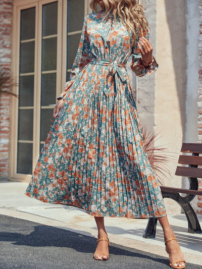 Women's Pressed Pleated Printed Lace-up Long Dress