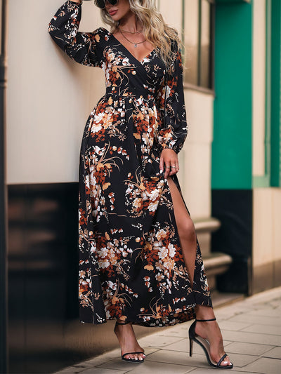 Women's Long Sleeve V-neck Printed Slit Long Dress