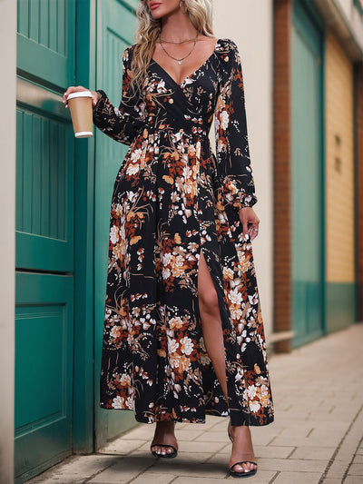 Women's Long Sleeve V-neck Printed Slit Long Dress